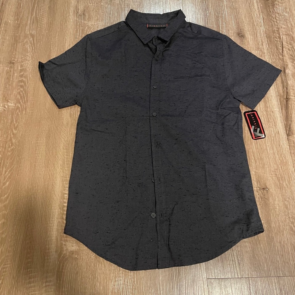 Fission Mens Shirt M Charcoal Grey Speckled Cotton Blend Short Sleeve Button Up